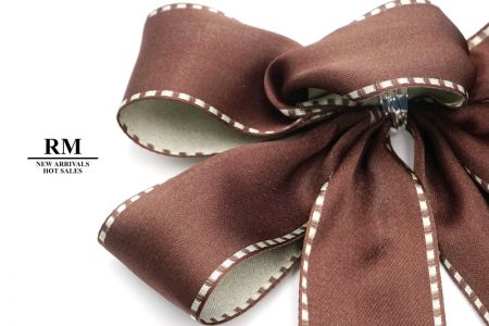 Brown and White Stitch Edge 5 Loops Ribbon Bow_BW637-WT743-10